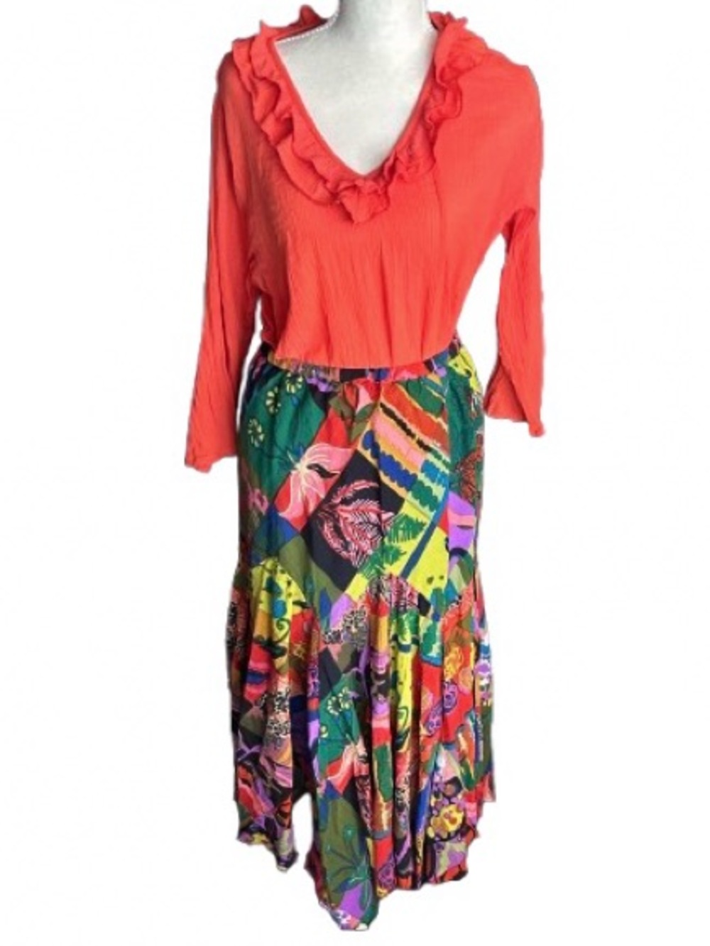 Vintage 100% Cotton Skirt Set Boho PHOOL Floral Tropical Ruffle Midi Top Y2K 90s